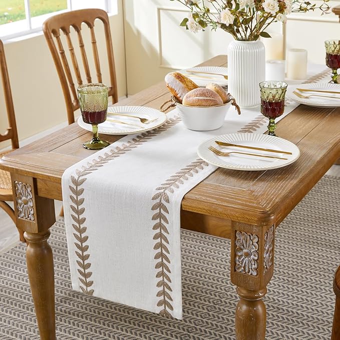 Wracra Embroidered Fall Table Runner Irregular Willow Leaf Table Runners 36 Inches Long for Dresser Home Dining Table Decor,14 x 36 Inch, Taupe