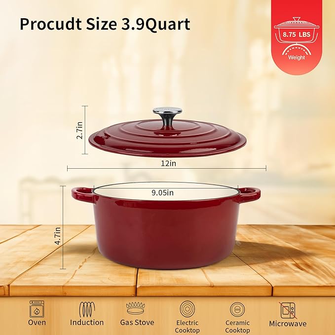 Enameled Cast Iron Dutch Oven Pot with Lid, 3.9 Quart Dutch Oven for Bread Baking, Oven Safe up to 500째 F, Suitable for Bread Baking, Braising, Roasting, Stews, Red