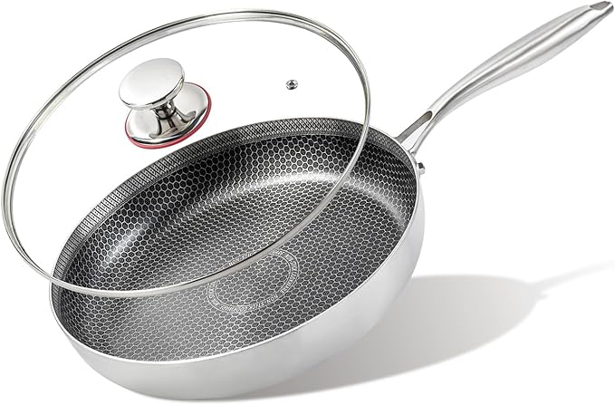 12 inch stainless steel frying pan with lid, hybrid non-stick skillet for induction, oven, broiler & dishwasher, non-toxic chef's pan, pfoa-free cookware