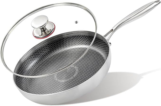 12 inch stainless steel frying pan with lid, hybrid non-stick skillet for induction, oven, broiler & dishwasher, non-toxic chef's pan, pfoa-free cookware