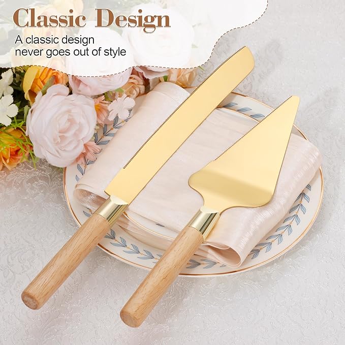 Gold Cake Cutting Set for Wedding, Wood Cake Knife and Server Set, Rustic 2-Piece Pie Cutter Serving Set, Serrated Dessert Utensils, Bridal Anniversary Quincea챰era Gift (Oak color)