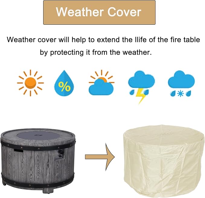 Afterglow Outdoor 36" Round TerraFdab Propane Fire Pit Table for Outside Patio Backyard Garden, Firepit Table with Weather Cover and Lava Rocks(Gas Tank not Included)竊?0000 BTU, Wood Look(Grey)