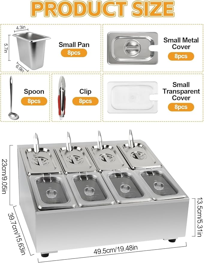 Lanstics Pizza Topping Station Pizza Storage Container Topping containers with Lids Spoon Condiment Organizers Buffet Containers Set for Restaurant Pizza Sauce Jam Fruit Ingredient Pantry (8 Pans)