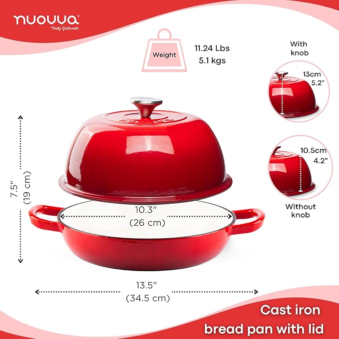 Enamelled Cast Iron Dutch Oven Pot ??Dutch Oven For Sourdough Bread Baking ??Cast Iron Bread Pot ??Red, 6 Quarts, 26cm ??by Nuovva