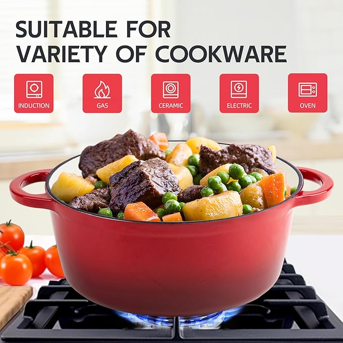 4.5 Quart Dutch Oven Enameled Cast Iron with Lid - Big Dual Handles - Oven Safe up to 500째F - Classic Round Pot for Versatile Cooking Red