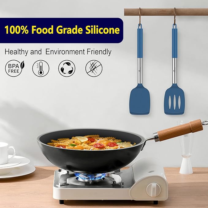 HOTEC Silicone Spatula Set of 2 Heat-Resistant 600째F & BPA-Free Kitchen SaptulaTurner with Stainless Steel Handles, Slotted & Solid Spatulas for Nonstick Cookware, 13.7 Inch, Classic Blue