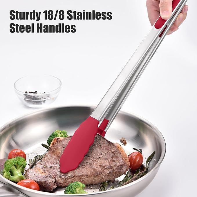 Doosu Kitchen Tongs for Cooking - 600째F Heat Resistant Food Tong with Non-Scratch Silicone Tips, Heavy Duty Stainless Steel Locking Tong for BBQ, Grilling Steak, Serving Salad, Pasta (16in, Red)