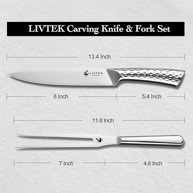 Livtek Carving Knife and Fork Set 8" Slicing Knife and 7" Fork - German High Carbon Stainless Steel - Brisket Slicer, Turkey Carving, BBQ Tools - Thanksgiving Dinner Gift Set