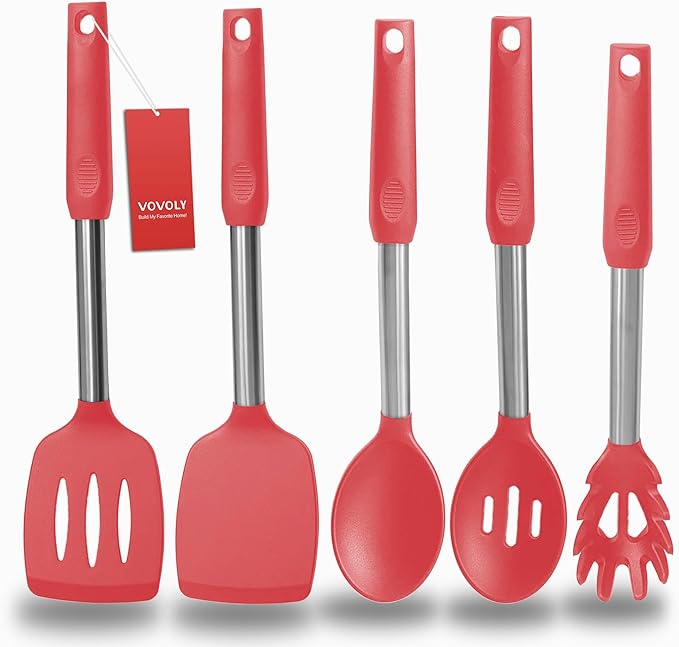 Silicone Spatula and Cooking Spoon,5 Pack Non-Stick Cooking Utensils for Kitchen竊똇eat Resistant Solid & Slotted Spoons and Spatulas, Stainless Steel Handle Coated with Silicone,Red