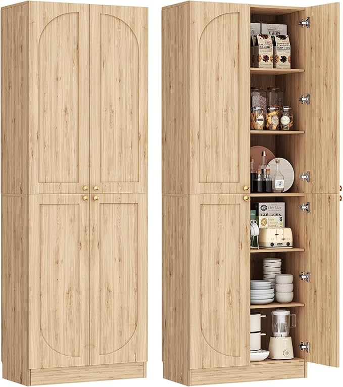 Cyclysio 80" Kitchen Pantry, Extra Tall Arch Storage Cabinet with 4 Doors and Adjustable Shelves, Freestanding Wood Cupboard with Seamless Fit Wall for Dining Living Room Bathroom Furniture (Natural)