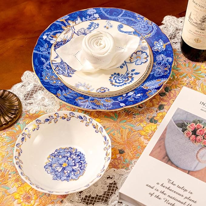 Exquisite ceramic tableware 3 Piece Bone China Modern Round Dishes Sets,Dinnerware dishset for Kitchen,Dinner Plate,Dessert Plate,Soup Bowl,Blue flowers