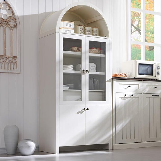 71" Tall Arched Kitchen Pantry Cabinet, Modern Farmhouse Kitchen Storage Cabinets with Open & Adjustable Shelves, Hidden Drawer & Glass Door, Versatile Cupboard for Kitchens, Dining Room, White