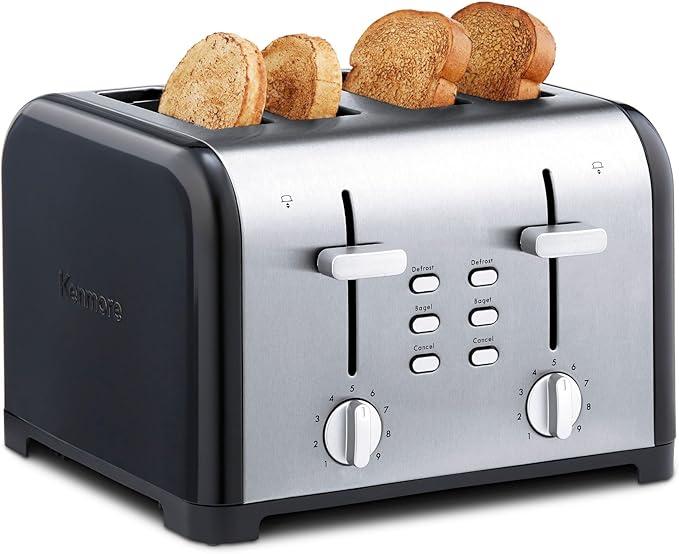 Kenmore Toaster 4 Slice - Extra Wide Slot Countertop Kitchen Appliance, Defrost Function, Grille-Pain, 9 Shade Settings, Easy Clean Crumb Tray, Bread Bagel, Stainless Steel Black