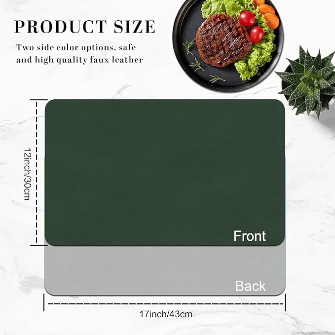 BLESWIN Faux Leather Placemats, PU Dining Table, Waterproof and Oil Resistant Easy to Clean, Heat Resistant Reversible Use Table Mats for Kitchen, Dining Table, Outdoor ??12 횞 17 Inch, Forest&Grey