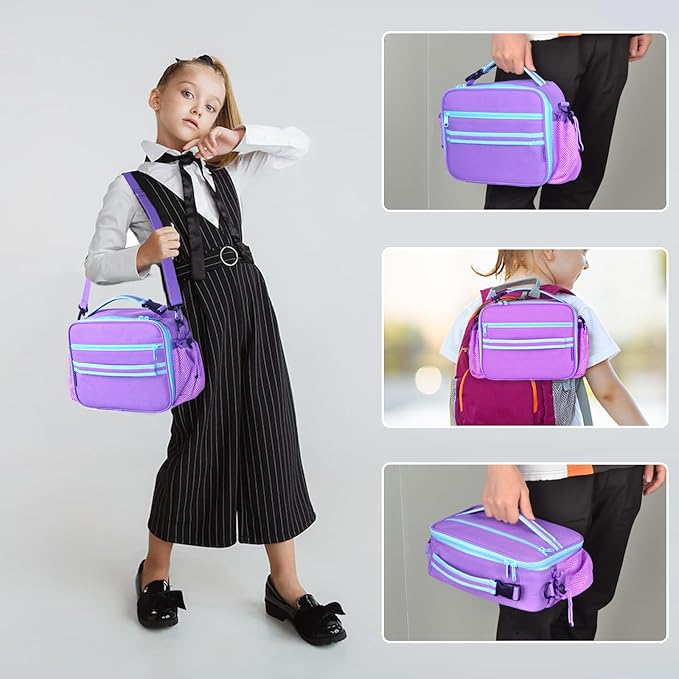 Cerbonny Kids Lunch Box, Purple, Unisex, Polyester, With Insulated Interior, Easy-Wipe Clean, 10.8"L x 4"W x 8.8"H, 4 Carrying Options