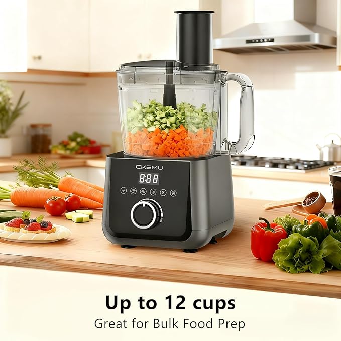 CKemu Smart Food Processor and Vegetable Chopper, 12 Cup Bowl, 6 Functions for Chopping, Slicing, French Fries, Purees & Dough, Food Chute & Pusher, Silver