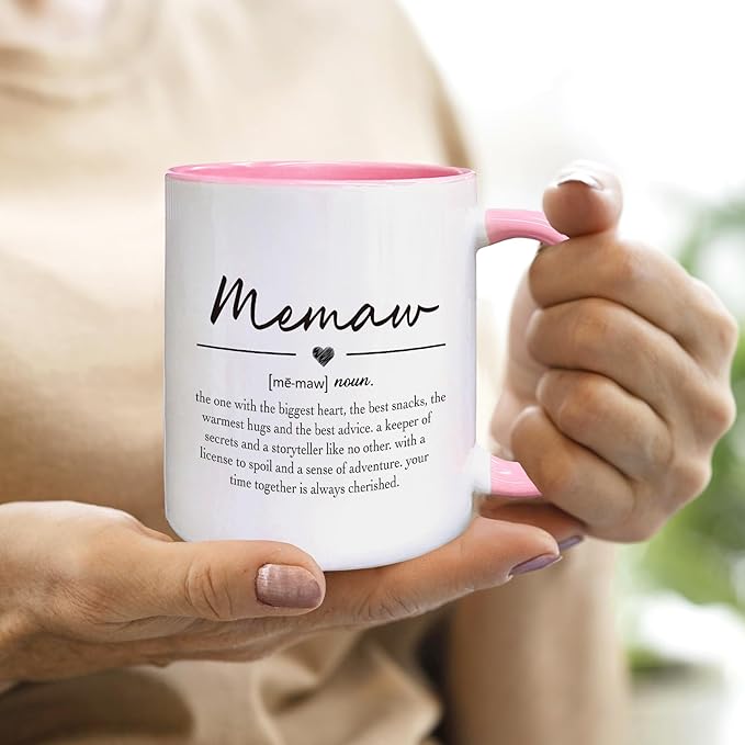 QASHWEY Memaw Gifts Coffee Mug, Mothers Day Coffee Mug Gifts for MemawGrandma, Grandma Gifts CoffeeMugs, Memaw Mugs Tea Cup Gift for GrandmaMemaw, Memaw Definition Coffee Cups Ceramic 11oz(Pink)