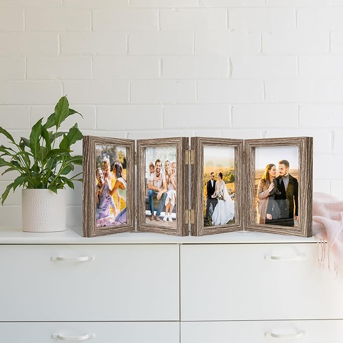 4x6 Four Picture Frame 4 Hinged Photo Frame with 4 Openings, Natural Wood Foldable Photo Frame with High Definition Acrylic for Birthday Father's Day Christmas Gift, Rustic Desk Family Picture Collage, Gray