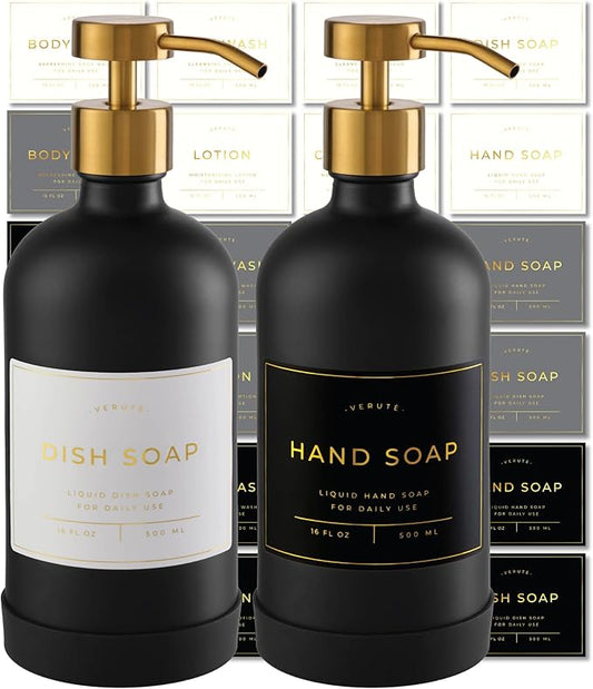 Hand and Dish Soap Dispenser for Kitchen and Bathroom, Set of 2 16 Oz Glass Bottles, Stainless Steel Pumps, Non-Slip Silicone Base, 27 Waterproof Labels (Matte Black Bottle/Brushed Gold Pump)
