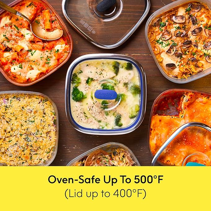 Anyday 10-Cup Square Glass Food Storage with Glass Lid | Plastic-Free Meal Prep & Microwave Cookware | Stackable Airtight Storage Container with Vented Lid for Microwave-Safe Reheating