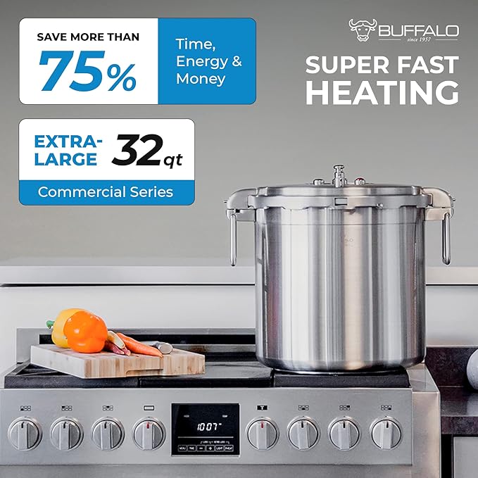 Buffalo 32 Quart Stainless Steel Pressure Cooker Extra Large Canning Pot with Lid for Commercial Use - Easy to Clean Induction Stove Top Pressure Canner, Can Cooker - SG Certificate QCP430