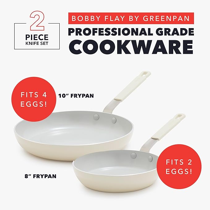 GreenPan x Bobby Flay 2 Piece- 8??and 10??Nonstick Frying Pan Skillet Set, PFAS-Free Diamond Ceramic, Induction Suitable, Stay-Cool Silicone Handle, Easy Clean Dishwasher & Oven Safe, Cream
