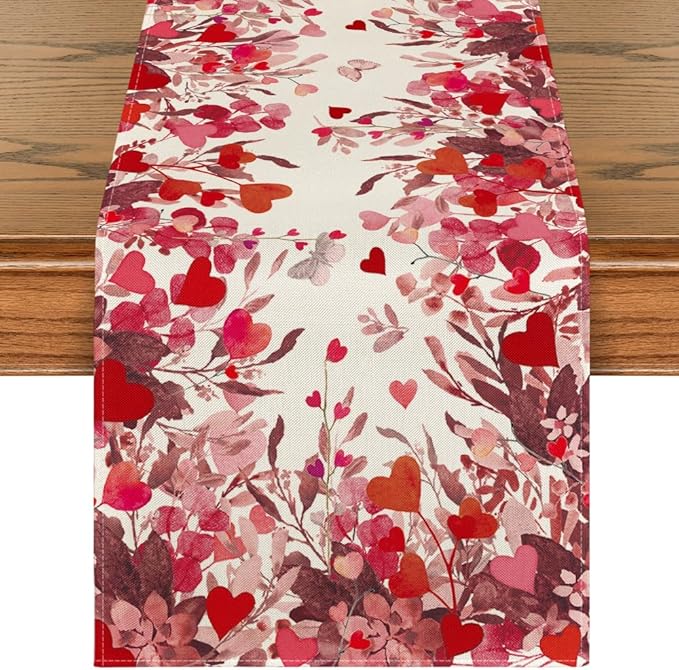 Artoid Mode Floral Red Love Heart Petals Table Runner, Wedding Kitchen Dining Table Decoration for Home Party Decor 13x60 Inch