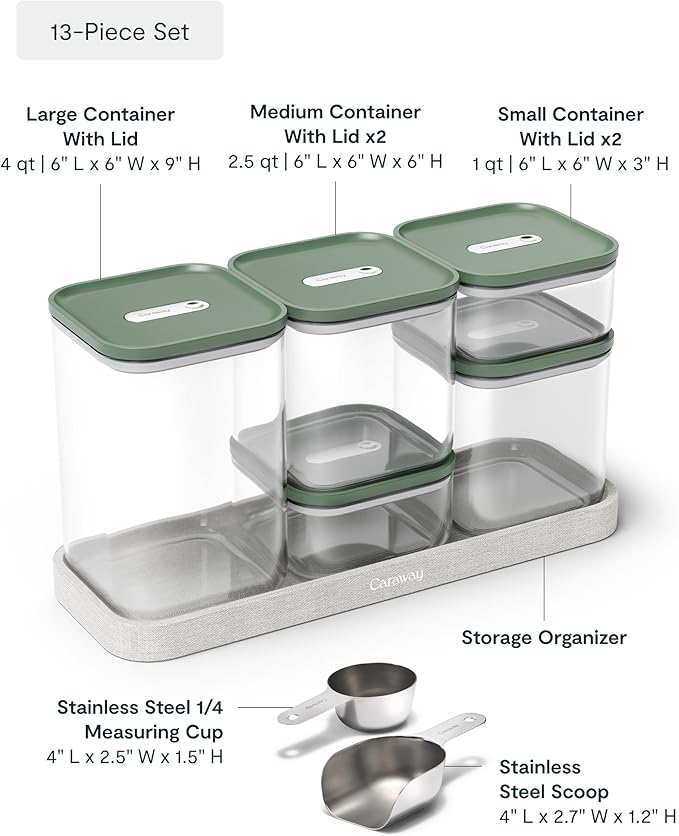 Caraway 13-Piece Glass Airtight Food Storage Containers with Lids ??Non-Toxic, BPA-Free Kitchen Storage Containers ??Stackable, Space-Saving Airtight Containers for Dry Goods and More - Sage