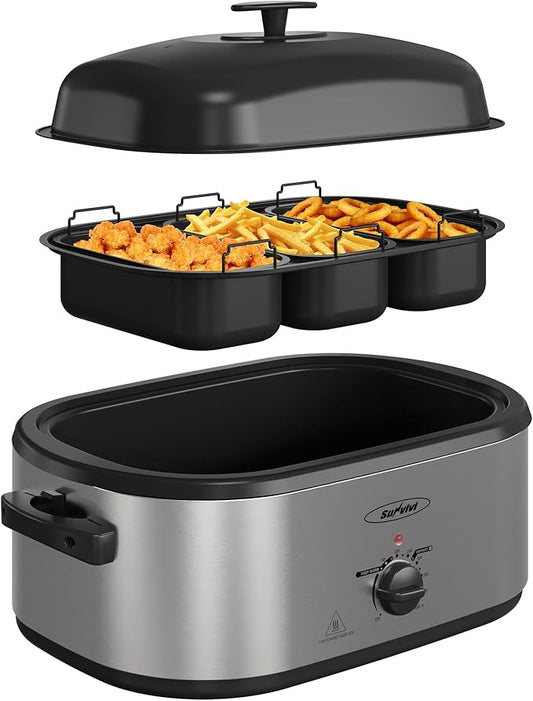 Sunvivi 24 QT Electric Roaster Oven with Self-Basting Lid, 3 Compartments, and Keep Warm Function, Full-Range Temperature Control (150-450째F), Stainless Steel