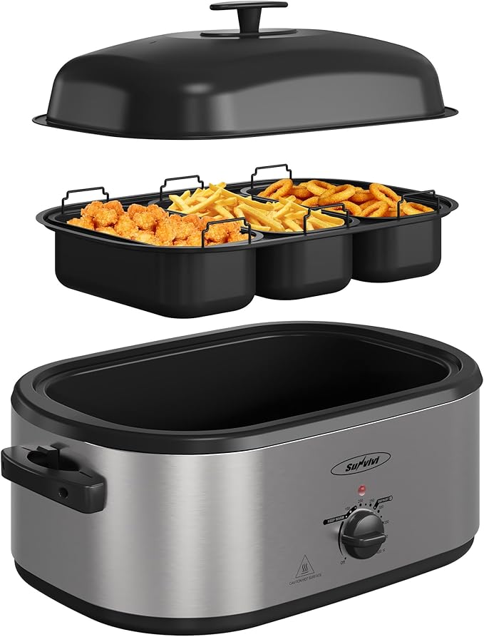 Sunvivi 20 QT Electric Roaster Oven with Self-Basting Lid, 3 Compartments, and Keep Warm Function, Full-Range Temperature Control (150-450째F), Stainless Steel