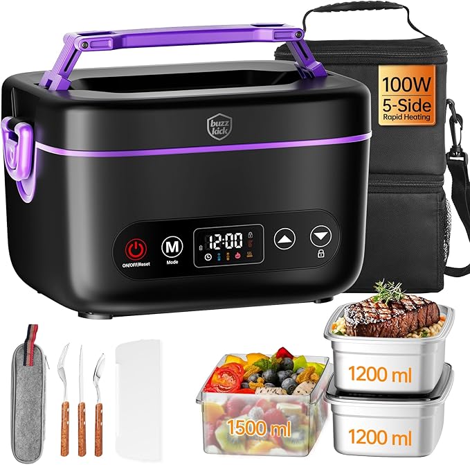 Cordless Electric Heated Lunch Box, 2x1.2L Portable Food Warmer Upgared 5D Surround Heat Tech 6x4000mAh Battery Powered with Dual Insulated Bag, 100W Automatic Heating 220째F Max BPA Free for Men