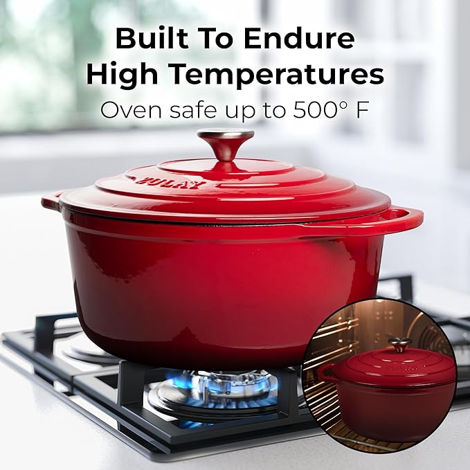 Zulay Kitchen 7.7 Quart Enameled Cast Iron Dutch Oven Pot with Lid ??Premium Durability & Oven Safe up to 500째F ??Heavy Duty Cookware Perfect for Bread Baking, Stews, Braising & Roasting ??Red