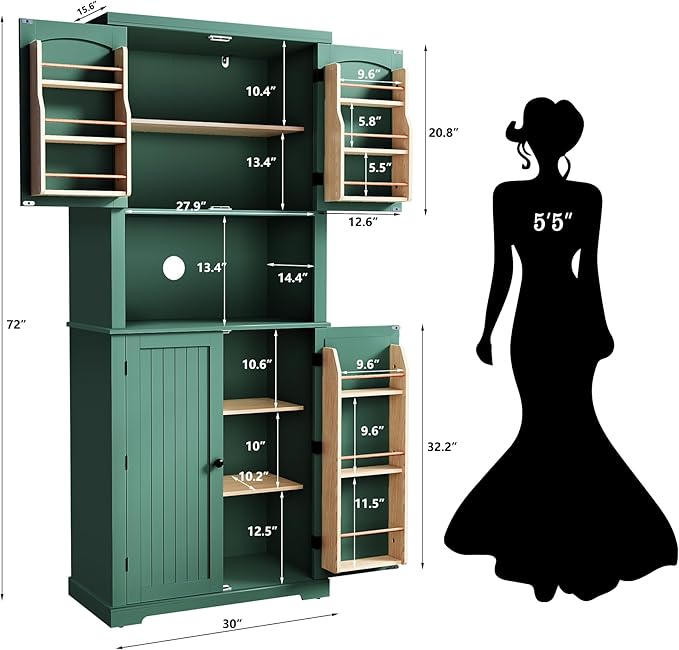 HLR 72" Kitchen Pantry Storage Cabinet, Freestanding Larder Cupboard, Kitchen Hutch Cabinet with Microwave Stand,Utility Pantry with Doors and Shelves for Dining Room, Living Room