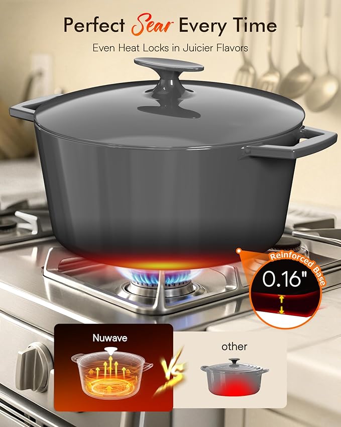 Nuwave 6QT LUX Healthy Enameled Cast Iron Dutch Oven Pot with Lid, Heavy Duty 7-Layer Enamel, Enhanced Rust Protection, Dual Handles, Oven Safe to 500째F for Sourdough Bread Baking, Braise, Stew, Roast