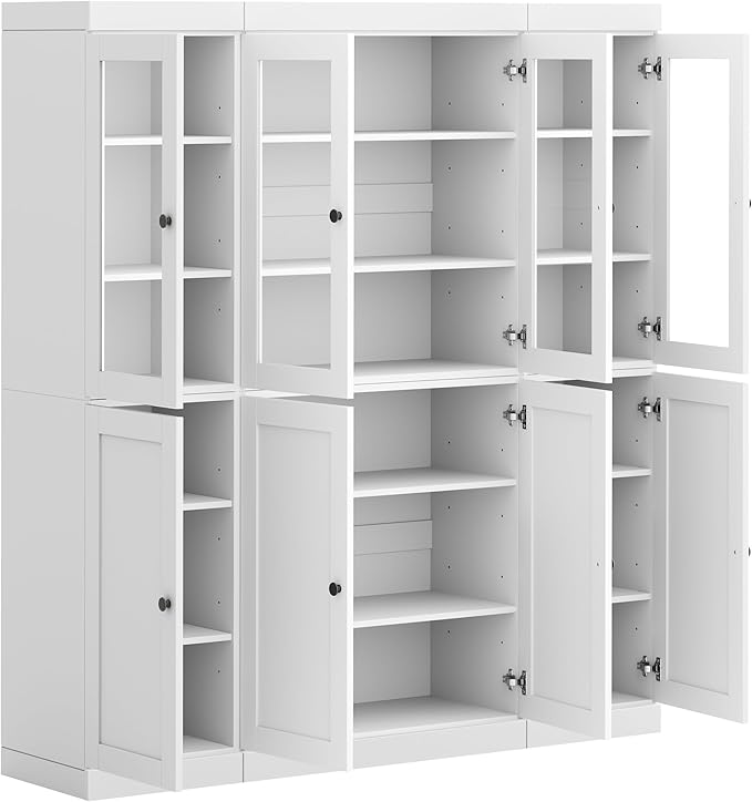 Palace Imports 100% Solid Wood Kitchen China Pantry Cabinet, 65" W - 4 Clear Glass & 4 Shaker Doors, Renewable Eco-Friendly Wood, Made in Brazil (White, 8 China/Shaker Doors | NO Drawers)
