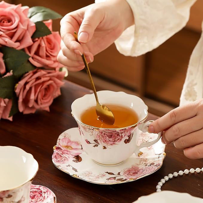 TATSUMI Country Roses Bone China Tea Cup and Saucer Set, 6 Pieces, Vintage Style, For Women and Tea Parties (Chocolate Red, 2 set)