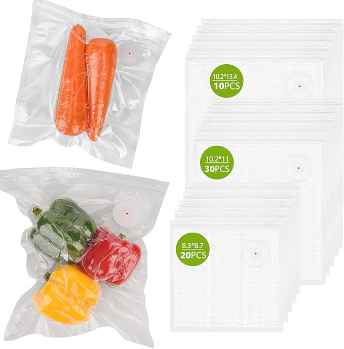 60PCS ATOSUN Vacuum Sealer Bags for Food, upgraded Air Valve, BPA -Free Vacuum Sealing Food Storage Bags, Reusable Sous Vide Vacuum Zipper Bags (10 large+30 middle+20 small size)