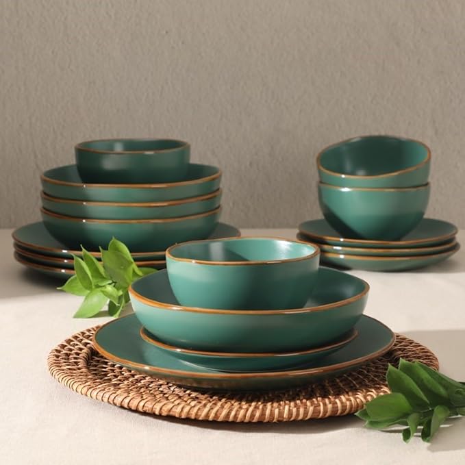 Gibson Home Hazeltine 16-Piece Green Stoneware Dinnerware Set ??Plates and Bowls, Durable Ceramic Kitchen Dinner Set