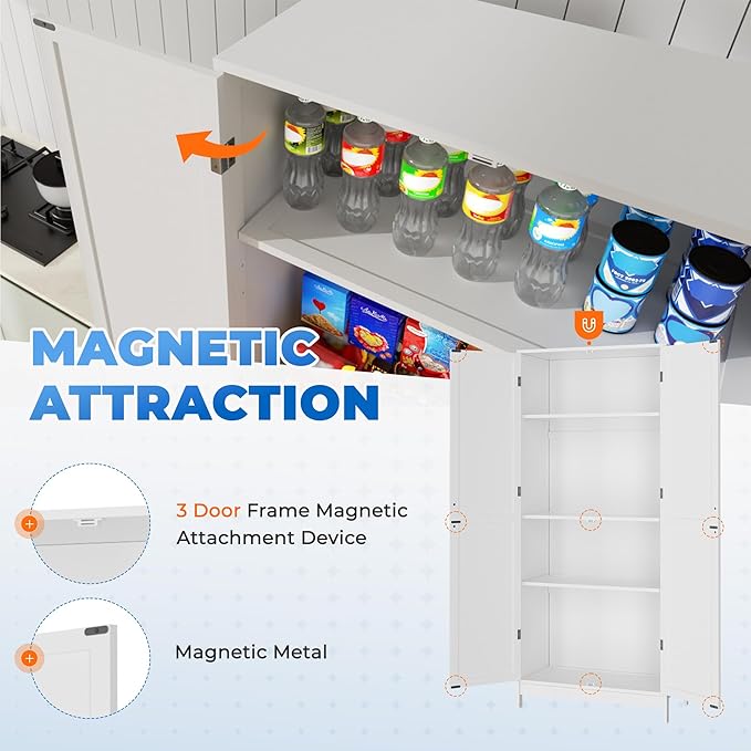INTERGREAT Pantry Cabinets, Kitchen Storage Cabinets with 2 Door and Adjustable Shelves, White Kitchen Pantry Cabinet, Freestanding Cupboard for Dining Room, Living Room, Bathroom