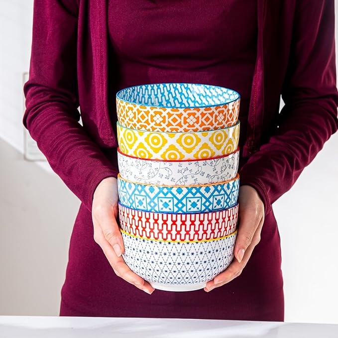 Cerkik Ceramic Soup Bowls Set - 23 Oz Deep Cereal Bowl for kitchen - 6 Inch Porcelain Salad Bowl for Pasta, Dessert, Ramen - Microwave Dishwasher Safe - Set of 6 - Assorted Colors