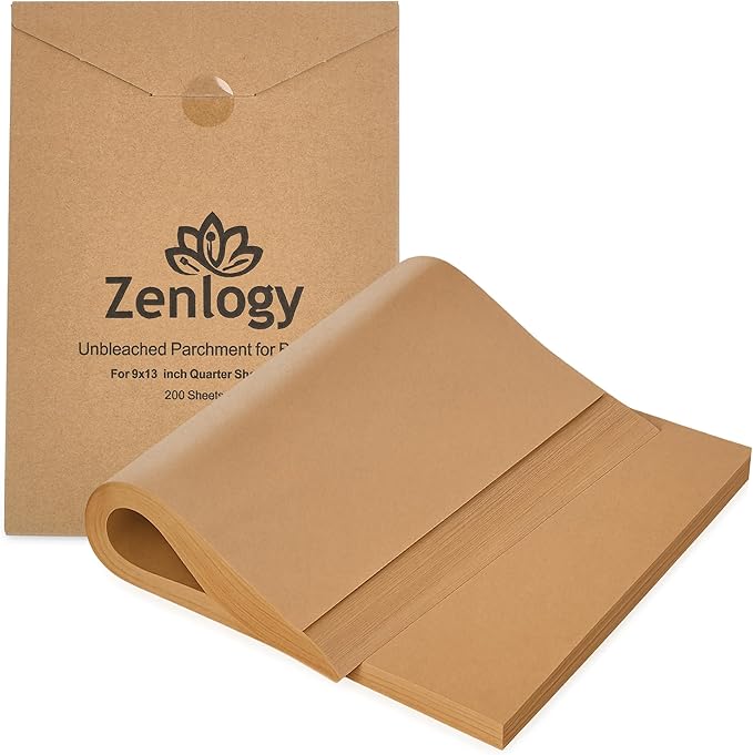 Zenlogy 9x13 Parchment Paper (200 sheets) - Unbleached, High Heat, Non-stick, Pre-cut Baking Paper for Quarter Sheet Pans - Great for Baking, Roasting, Wrapping, Dehydrator, and so much more