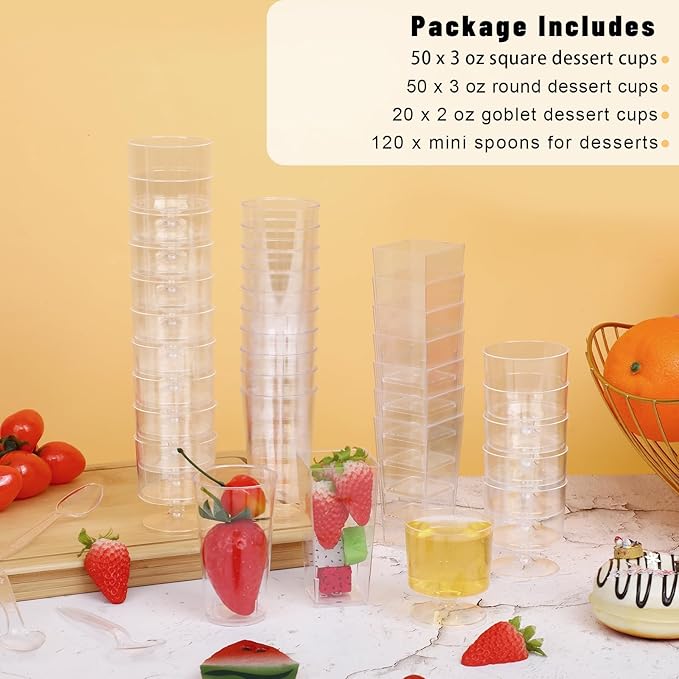ALEXPRE 240 Packs 2/3 oz Mini Dessert Cups with Spoons, Square/Round/Round Goblet Clear Dessert Parfait Cups, Mini Plastic Dessert Cups Small Reusable Fruit Ice Cream Pudding Appetizer Cup Bowls