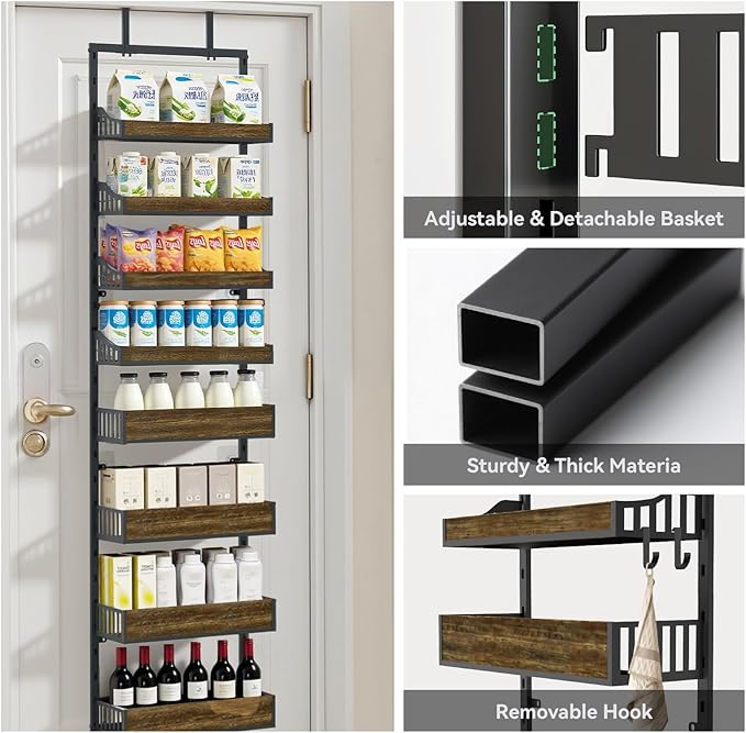 Over the Door Pantry Organizer, 8-Tier Door Spice Rack Organizer Pantry, Behind the Door Storage Organizer with Adjustable Baskets, 2 in 1 Wall Mount or Hanging Back of Door Organizer