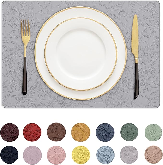 Romanstile Vinyl Placemats Set of 4-12 X 18 Inch - Heat Resistant Non-Slip Embossed Floral Place Mats 100% Waterproof Oilproof Wipeable Faux Leather Table Mats for Kitchen/Dining/Party, Grey