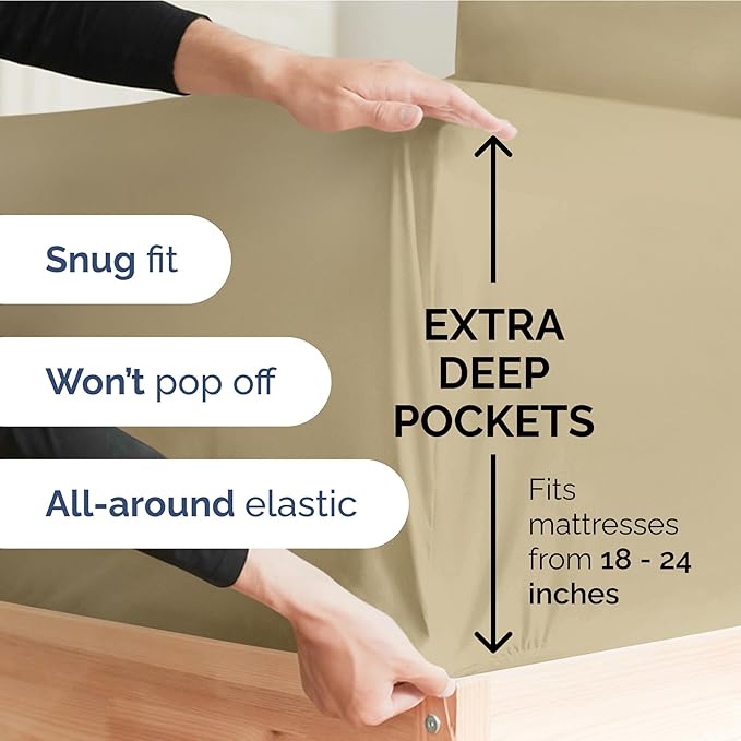 Extra Deep Pocket Twin Sheets - 3 Piece Breathable & Cooling Bed Sheets - Hotel Luxury Bed Sheet Set - Soft, Wrinkle Free & Comfy - Easily Fits Extra Deep Mattresses - Deep Pocket Beige Sheets Set