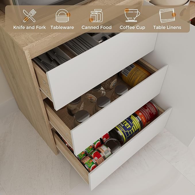 Large Kitchen Hutch Cabinet with Microwave Stand, Storage Cupboard Pantry with 3-Tier External Shelves and 3 Drawers, Ktichen Food Pantry with Open Countertop for Dining Room, White + Walnut