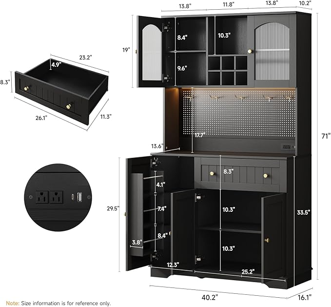 ONBRILL 71" Kitchen Pantry Cabinet with Microwave Shelf & Door Shelves, Kitchen Hutch with Outlet & LED Light, Wood Pantry Storage with DIY Pegboard & 6 Hook, Modern Cabinet with Drawer & Wine Rack