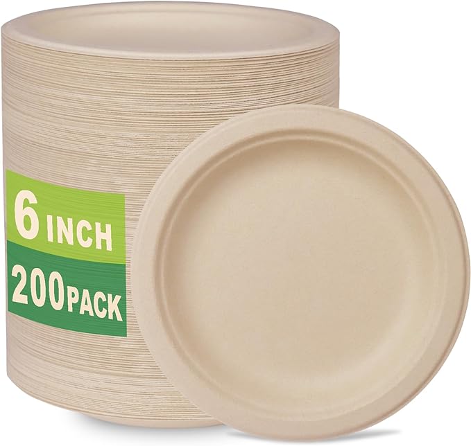 GreenWorks 200 Count 6“ Small Compostable Dessert Plates, Heavy-duty Unbleached Biodegradable Bagasse and Bamboo fiber Paper Plates …