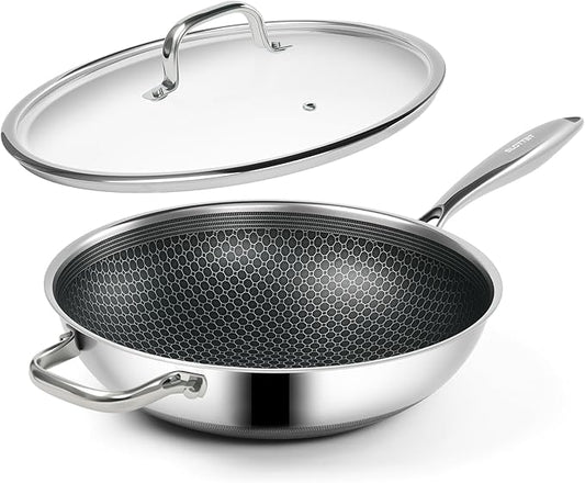 Hybrid 12-Inch Wok with Lid,Nonstick Stainless Steel Woks & Stir-fry pans,Stay-Cool Handle,PFOA Free Cookware,Dishwasher and Oven Safe,Compatible with All Cooktops