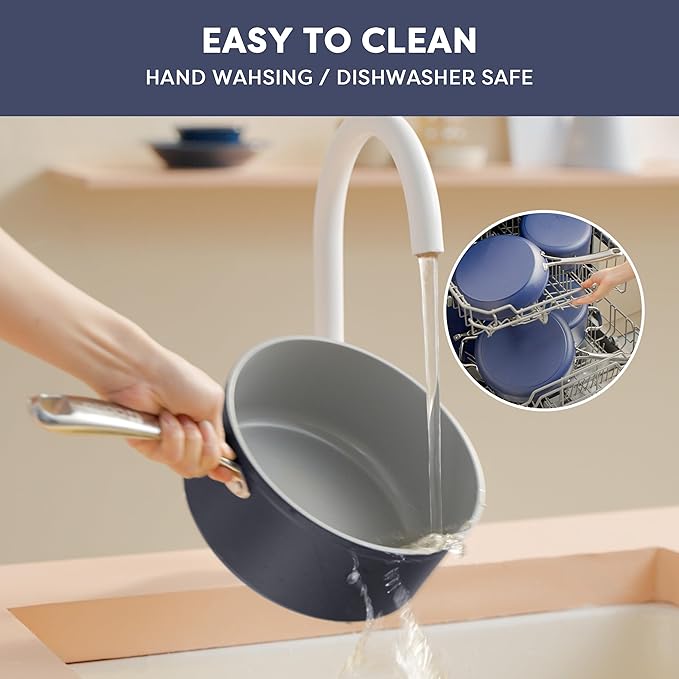 CIARRA Non Stick Frying Pan (10.2") & Ceramic Sauce Pan (3qt) - Non Toxic, PTFE & PFOA Free - Oven Safe & Compatible with All Stovetops, Blue